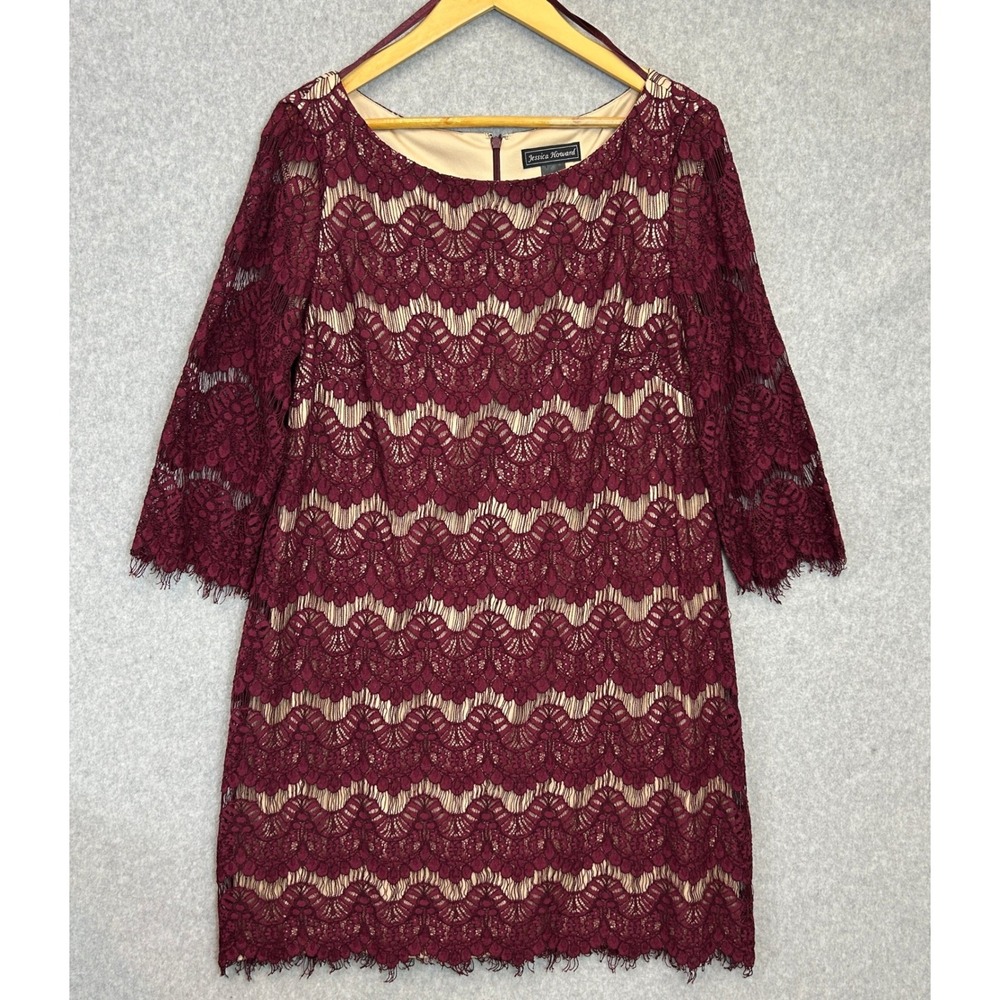 Jessica Howard Lace Sheath Dress Burgundy Lace 3/4 Sleeve Autumn Cocktail Sz 18